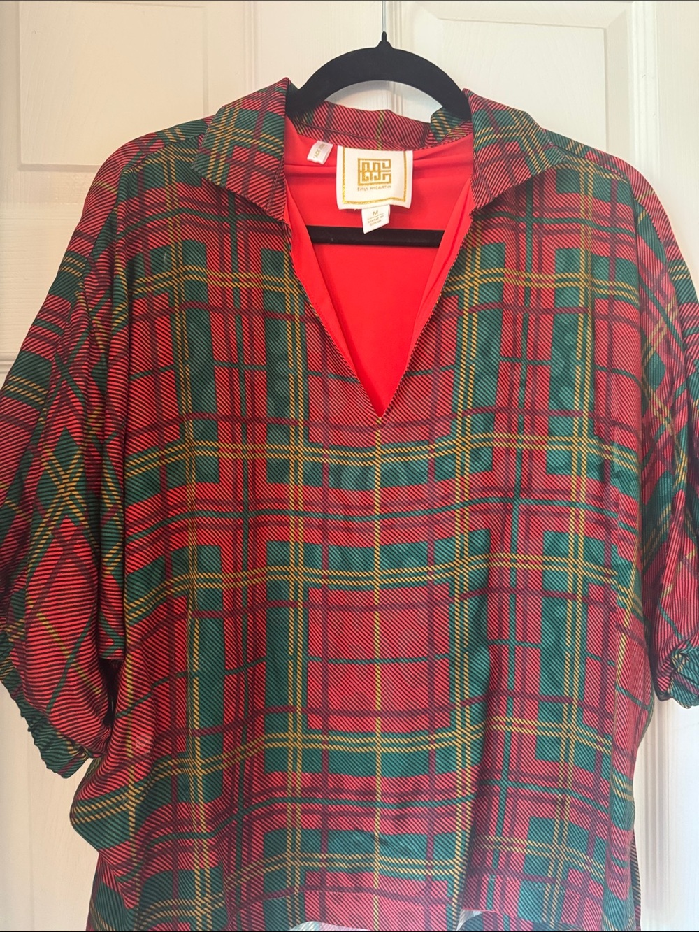 Plaid V‑Neck Blouse in Red and Green